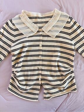 Cream & Black Striped Button-Front Top with Peter Pan Collar.